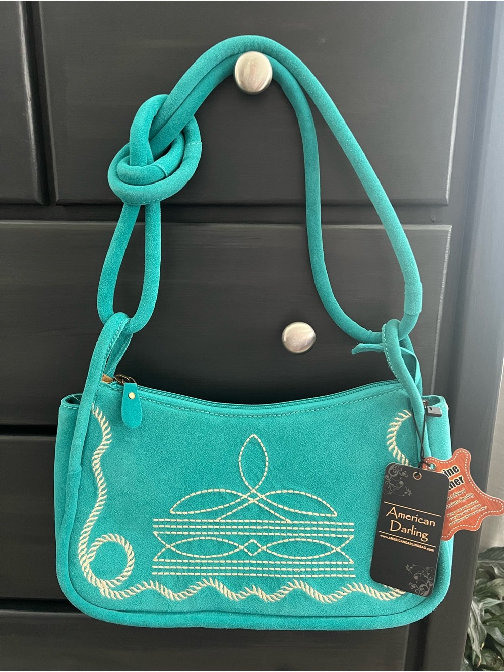 American Darling Turquoise Suede Shoulder Bag with Decorative Stitching